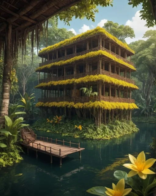 Prompt: Fantasy natural silkworm sanctuary, over the water in lush Mayan mangrove jungle, organic design, surounded by yellow flowering trees, detailed foliage, ethnic materials, warm tones, cinematic, vibrant atmosphere, highres, mayan architecture, rustic aesthetics, lush greenery, traditional craftsmanship