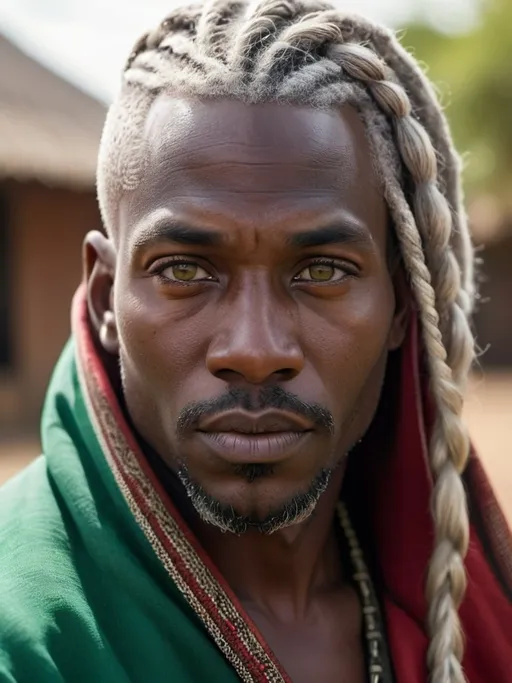 Prompt: Cinematic portrait of an adult african man, deep dark black skin, jade green eyes, silver blonde braided hair, silver bronde beard, detailed features, brown and red african indigenous attire with a hood, atmospheric lighting, savannah background, highres, 4:5 ratio, warm tones, professional, cinematic, mischevious  gaze