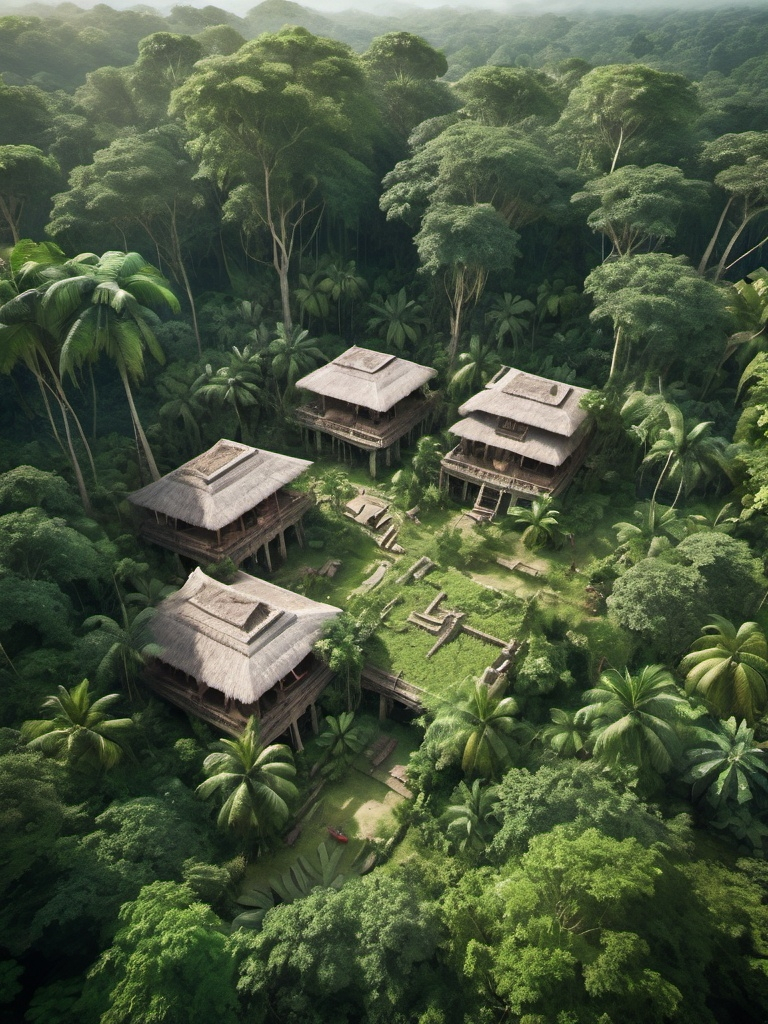 Prompt: Fantasy jungle region  in lush Mayan jungle, airview, scattered rusic village, rustic aesthetics, lush greenery, traditional craftsmanship, immersive, lush environment, exotic, authentic