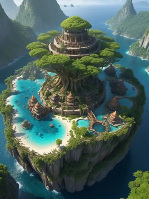 Prompt: fantasy islands archipelago, 10 ancient cities placed in sacred geometry (tree of life), volcanic mountains, lush greenery, vibrant and rich color tones, ethereal and majestic atmosphere, intricate details of cities with glowing accents, exotic vegetation, breathtaking top-down view, bright blue oceans, epic landscapes, HD, ultra-detailed, high depth cinematic masterpiece, serene and magical, high quality, awe-inspiring, fantasy world realism.