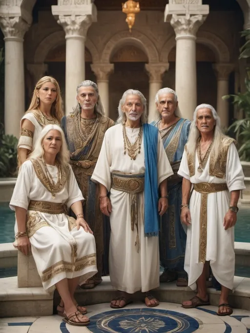 Prompt: Group of elders, long blonde, white  and gray hair, phoenician and greek inspied, wearing ethnic embroidered white and blue clothes, golden details, white and bronze skin, ancient attire, white marble background, fountains and water in the background, detailed features, atmospheric lighting, highres, warm tones, jungle background, professional, cultural, detailed faces, vibrant colors