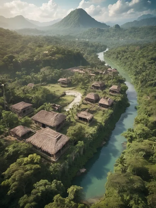 Prompt: Far aerial view of lush jungle region with small rustic village, view of mountains, sky and river; ancient ruin far in the distance,  mayan architecture, immersive environment, exotic, authentic, highres, detailed, immersive, jungle, villages, aerial view, lush, exotic, authentic, vibrant colors, natural lighting