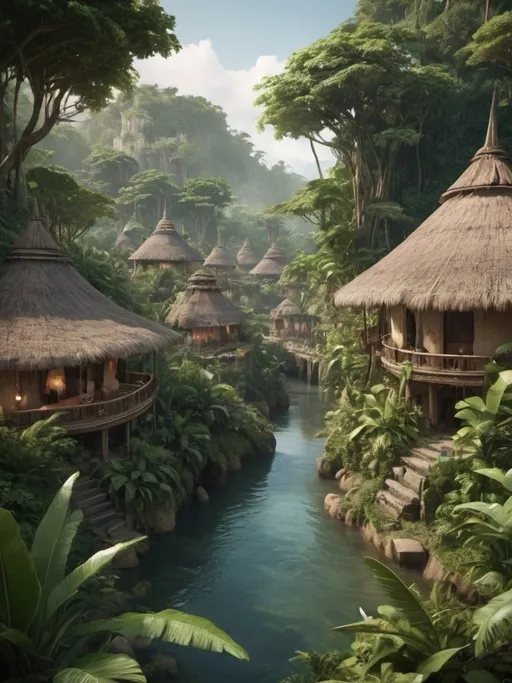 Prompt: Fantasy jungle village by super extremely wide river, round houses, lush greenery, organic design, very wide river, traditional craftsmanship, mayan architecture, ethnic materials, warm tones, hyper realistic, cinematic, highres, rustic aesthetics, natural materials, exotic, authentic, immersive, warm lighting