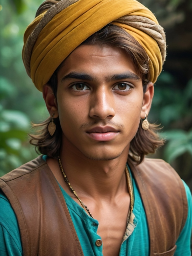 Prompt: Cinematic portrait of an young enthusiastic handsome indian nomad boy, 18 years old, brown eyes, athletic complexion, golden brown very hair, plump lips, adventurous traveling humble vest, olive skin, detailed features, ethnic turquoise and yellow, traveling turban, atmospheric lighting, jungle temple, highres, 4:5 ratio, warm tones, professional, cinematic, smart gaze