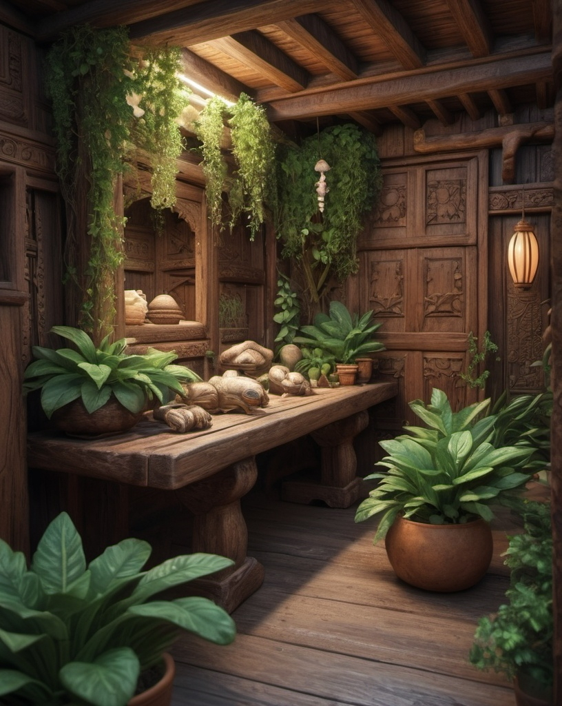 Prompt: Fantasy ancient silkworm caterpillar farm, herbs and flowers, jade tools, honey, pottery, carved wood, hyperrealistic, Mayan design, cinematic, high quality, hyperrealism, ancient medicine, cinematic lighting, wooden interior background, mayan architecture 