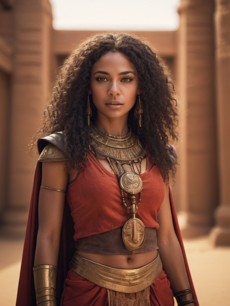 Prompt: Cinematic portrait of an adult african woman, brown eyes, dark very curly long hair, sharp features, ancient egypian attire, dark tanned skin, detailed features, ethnic warrior attire, leather and red and orange clothing, atmospheric lighting, desert temple background, highres, 4:5 ratio, warm tones, professional, cinematic, defying gaze