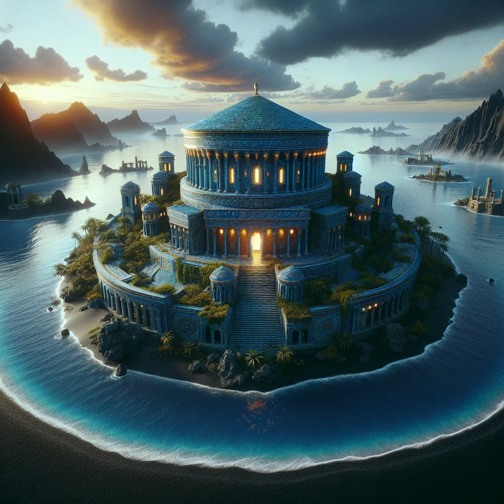 Prompt: epic fantasy round island, blue marble round temple complex, phoenician architecture, tiles and carving walls, glowing magical stone, black sand, volcanic mountains and islands in the background, exotic vegetation, ultra-detailed, cinematic, high quality, fantasy 