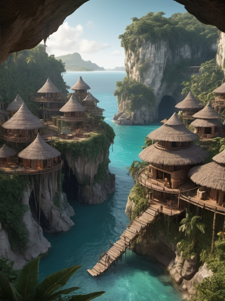 Prompt: Fantasy village over jungle cliffs, round houses, hanging houses over the cliffs, organic design, traditional craftsmanship, mayan architecture, ethnic materials, warm tones, hyper realistic, cinematic, highres, rustic aesthetics, natural materials, exotic, authentic, immersive, warm lighting, turquoise sea