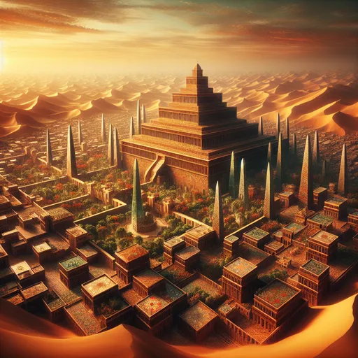 Prompt: large hexagonal stepped city in the sand dunes,  mesopotamian architecture, houses and temples, ziggurat,  lush gardens,, crystal obelysks, carved red and orange walls, tile walls and floors, bronze and gold elements, warm tones, cinematic