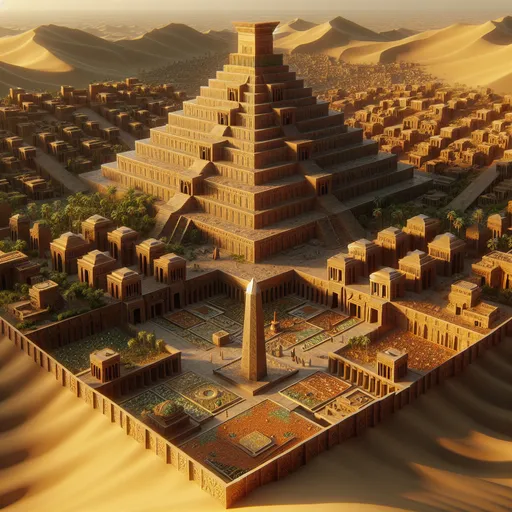 Prompt: large hexagonal stepped village in the sand dunes,  mesopotamian architecture, houses and temples, ziggurat,  lush gardens, crystal obelysks, carved red and orange walls, tile walls and floors, bronze and gold elements, warm tones, cinematic