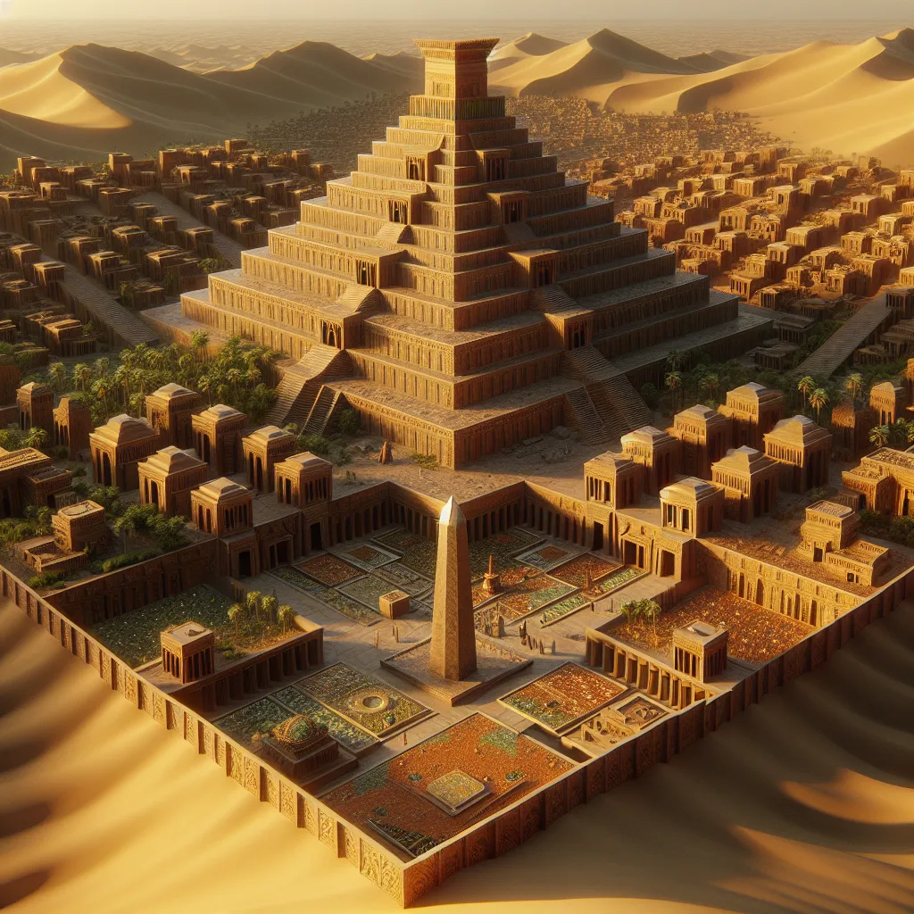 Prompt: large hexagonal stepped village in the sand dunes,  mesopotamian architecture, houses and temples, ziggurat,  lush gardens, crystal obelysks, carved red and orange walls, tile walls and floors, bronze and gold elements, warm tones, cinematic