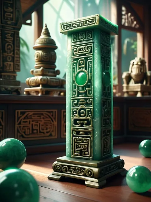 Prompt: Fantasy ancient jade small totem on a wooden table, surrounded by scrolls, ancient writing, hyperrealistic, abstract shape, Mayan and Egyptian, cinematic, detailed carving, mystical aura, high quality, hyperrealism, fantasy, ancient artifact, jade, cinematic lighting, wooden house interior background