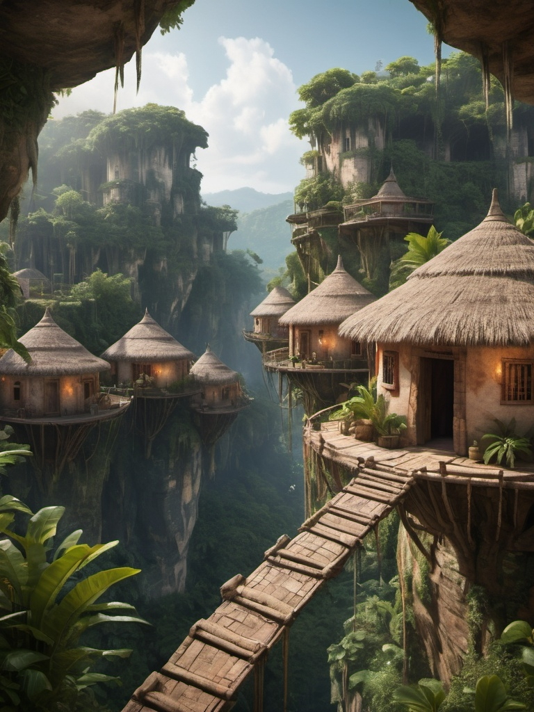 Prompt: Fantasy village over jungle cliffs, round houses, hanging houses over the cliffs, lush greenery, organic design, traditional craftsmanship, mayan architecture, ethnic materials, warm tones, hyper realistic, cinematic, highres, rustic aesthetics, natural materials, exotic, authentic, immersive, warm lighting