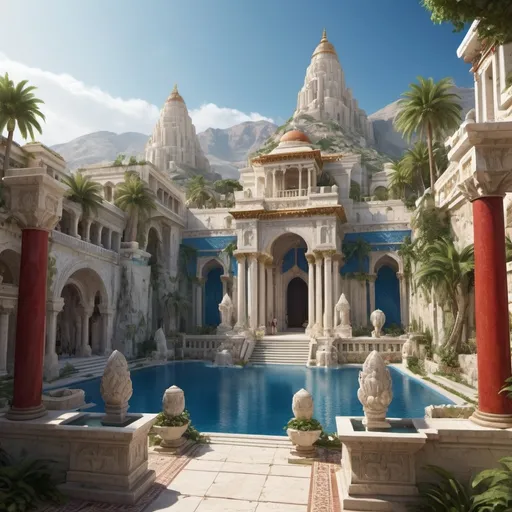 Prompt: Fantasy city from afar, many houses and temples phoenician architecture in white stone and white marble, gold details, blue and red walls, blue and red tiles, fountains and water, giant quartz for light and technology, warm tones, cinematic, vibrant atmosphere, highres, ancient aesthetics, lush greenery, detailed stonework and tilework, lush environment, exotic, authentic