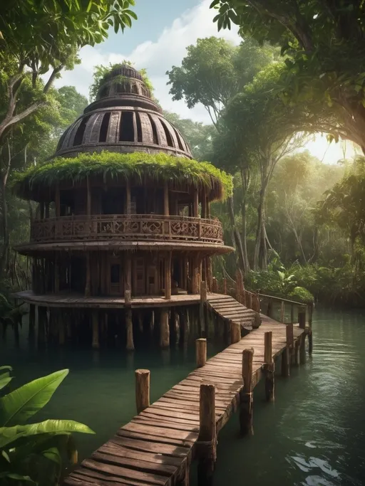 Prompt: Fantasy chamanic wood temple over the water in lush Mayan mangrove jungle, organic design, round house, traditional craftsmanship, detailed foliage, ethnic materials, warm tones, cinematic, vibrant atmosphere, highres, mayan architecture, rustic aesthetics, lush greenery, traditional craftsmanship, detailed woodwork, natural materials, immersive, lush environment, exotic, authentic