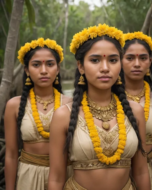 Prompt: Group of young mayan women, long black and light brow hair briads, yellow flowers, mayan faces, wearing ethnic embroidered beige and baige and yellow clothes,  golden skin, ancient attire, lush mangrove setting, detailed features, atmospheric lighting, highres, warm tones, mangrove background, professional, cultural, detailed faces, vibrant colors