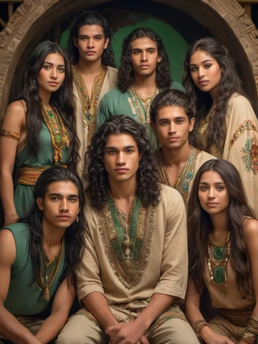 Prompt: Group of young men and women, long black straight hair and light brown curly hair, mayan inspied, wearing ethnic embroidered beige and green clothes, golden skin, ancient attire, turqioise beach setting, detailed features, atmospheric lighting, highres, warm tones, beach background, professional, cultural, detailed faces, vibrant colors