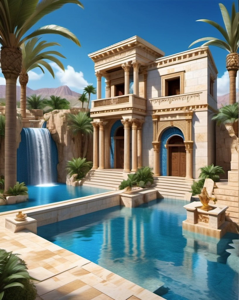 Prompt: smal houses in lush island, small houses, phoenician architecture, white stone, white marble, gold details, blue walls, red walls, blue tiles, red tiles, fountains and water, cinematic, highres, ancient, detailed stonework and tilework, lush environment