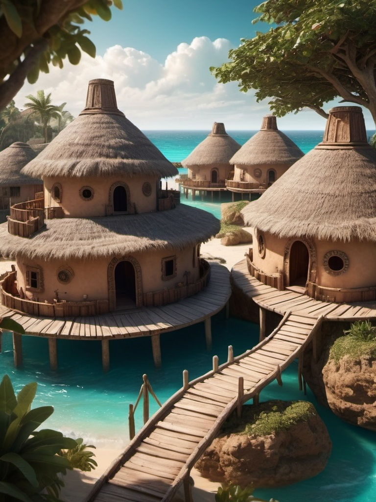 Prompt: Fantasy village over the sea in sandy beach, round houses, view towrds the sea horizon, organic design, traditional craftsmanship, mayan architecture, ethnic materials, warm tones, hyper realistic, cinematic, highres, rustic aesthetics, natural materials, exotic, authentic, immersive, warm lighting, turquoise sea