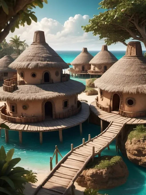 Prompt: Fantasy village over the sea in sandy beach, round houses, view towrds the sea horizon, organic design, traditional craftsmanship, mayan architecture, ethnic materials, warm tones, hyper realistic, cinematic, highres, rustic aesthetics, natural materials, exotic, authentic, immersive, warm lighting, turquoise sea