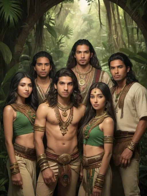 Prompt: Group of young men and women, long black and brown hair, mayan inspied, wearing ethnic embroidered beige and green clothes, golden skin, ancient attire, lush jungle setting, detailed features, atmospheric lighting, highres, warm tones, jungle background, professional, cultural, detailed faces, vibrant colors