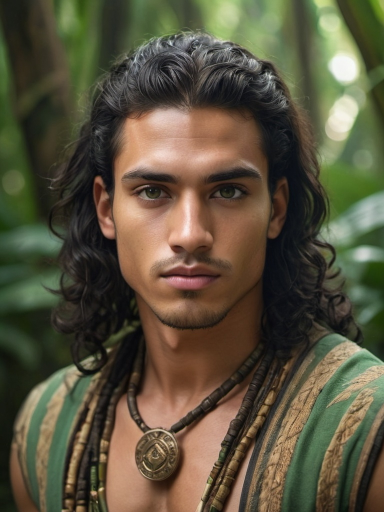 Prompt: Cinematic portrait of an beautiful young man, jade green eyes, long curly black hair, sharp features, wearing an ethnic embroidered beige and green, golden tanned skin, jungle background, 4:5 ratio, highres, detailed features, lush jungle setting, ancient mayan attire, hero gaze, warm tones, atmospheric lighting