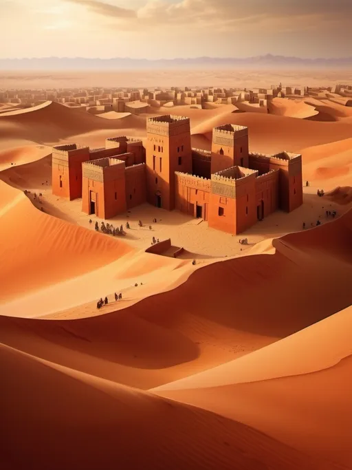 Prompt: mesopotamian citadels, sand dunes, surounded by village houses, carved red and orange walls, tile walls and floors, bronze and gold elements, warm tones, cinematic