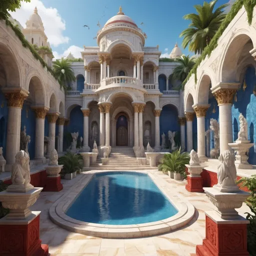 Prompt: Fantasy city, many houses and temples phoenician architecture in white stone and white marble, gold details, color blue and red walls and blue and red color tiles, fountains and water, giant quartz for light and technology, warm tones, cinematic, vibrant atmosphere, highres, ancient aesthetics, lush greenery, detailed stonework and tilework, lush environment, exotic, authentic