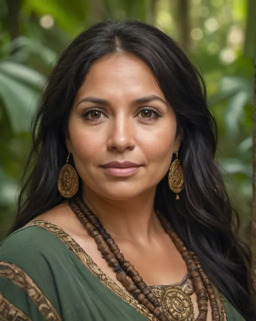 Prompt: Cinematic portrait of an adult 45 years old plump woman, full cheeks, brown eyes, very long wavy black hair, wearing an ethnic embroidered beige and green, golden tanned skin, jungle background, 4:5 ratio, highres, detailed features, lush jungle setting, ancient mayan attire, friendly and motherly gaze, warm tones, atmospheric lighting