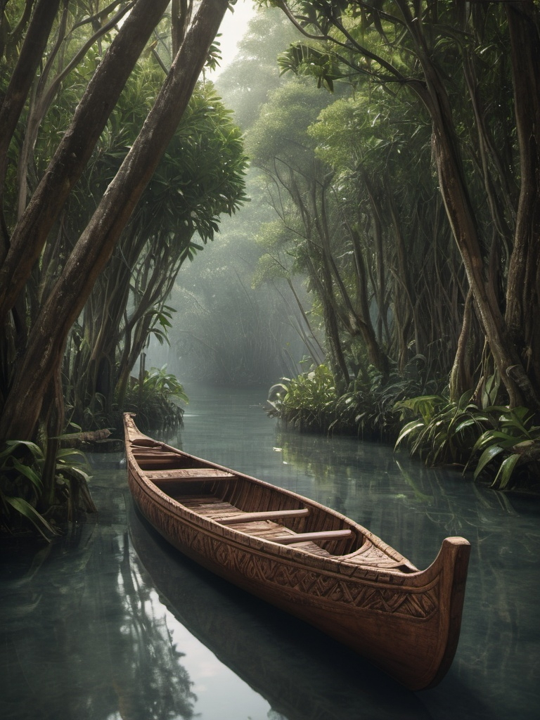 Prompt: Mayan canoe on the water, wooden and leather, rustic, ancient, mangrove, hyperrealistic, cinematic, detailed textures, serene atmosphere, hyperrealistic, ancient, rustic, Mayan culture, traditional, lush greenery, detailed water reflections