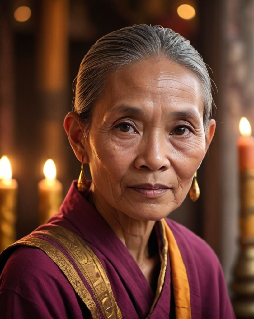 Prompt: Cinematic portrait of a thailandese very old mystical master woman, old tanned dark wrinkled skin, proud face, brown eyes, gray and brown pulled back hair, monk attire, detailed features, ethnic magenta and gold embroided monk tunic, atmospheric lighting, thai decorated temple in the background, bokeh candles, highres, 4:5 ratio, warm tones, professional, cinematic, mystical gaze