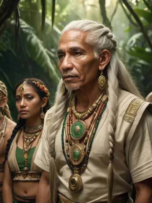 Prompt: Council of mystical elders, wrinkled skin, long white braided hair, mayan inspied, foreehead jewelry wearing ethnic embroidered beige and green clothes, golden skin, ancient attire, lush jungle setting, detailed features, atmospheric lighting, highres, warm tones, jungle background, professional, cultural, detailed faces, vibrant colors