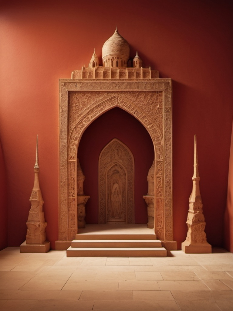 Prompt: mont st michelle in the sand dunes,  mesopotamian architecture, ziggurat temples, crystal obelysks, carved red and orange walls, tile walls and floors, bronze and gold elements, warm tones, cinematic