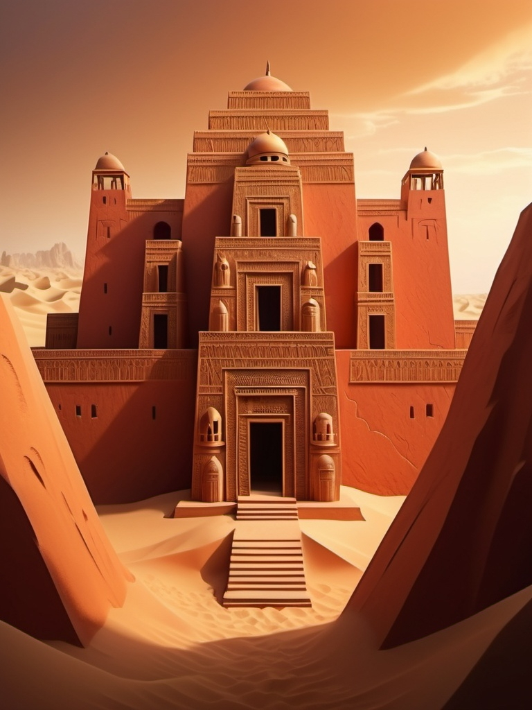 Prompt: mesopotamian village, sand dunes, ziggurat temples, crystal obelysks, carved red and orange walls, tile walls and floors, bronze and gold elements, warm tones, cinematic