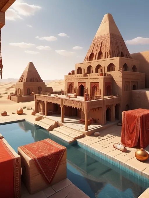 Prompt: desert city, mesopotamian architecture, red stone, red tiles, bronze architectural decorations, orange white and red fabrics, detailed stonework, traditional craftsmanship, water well, organic design, rustic aesthetics, ethnic materials, warm tones, cinematic, vibrant atmosphere, highres,, sand dunes, natural materials, immersive, exotic, authentic