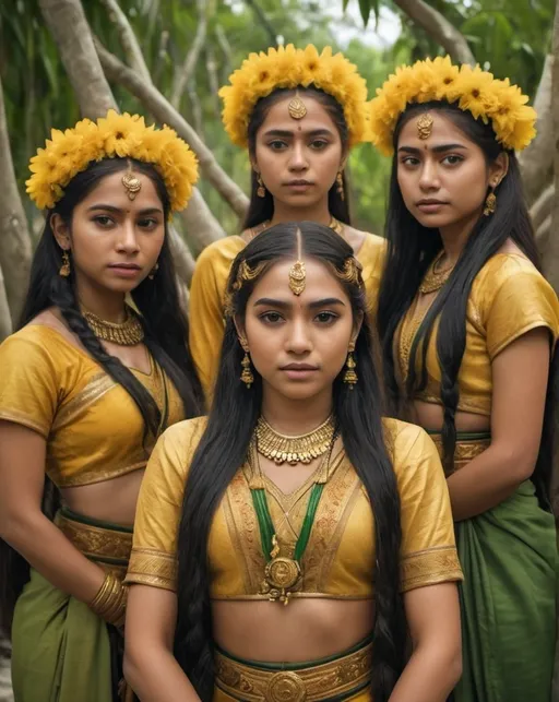 Prompt: Group of young women, long black and light brow hair briads, yellow flowers, mayan faces, wearing ethnic embroidered green and baige and yellow clothes,  golden skin, ancient attire, lush mangrove setting, detailed features, atmospheric lighting, highres, warm tones, mangrove background, professional, cultural, detailed faces, vibrant colors