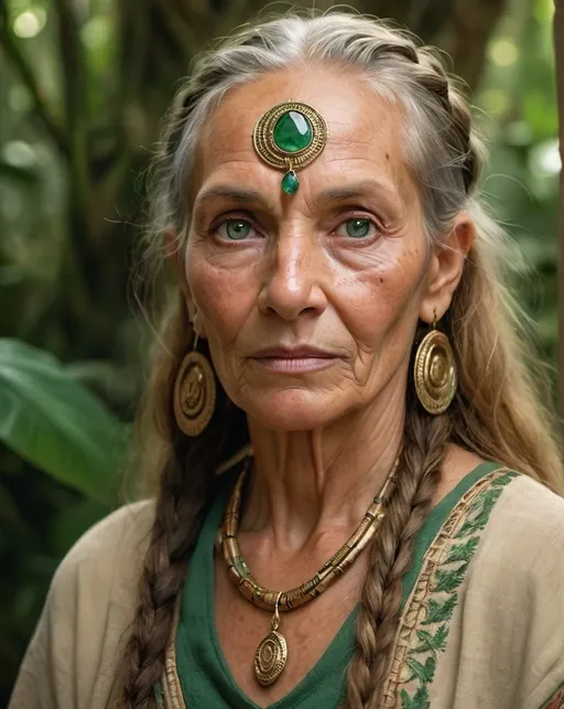 Prompt: Cinematic portrait of a mystical elder woman, wearing a forehead jewel, emerald green eyes, long braided hair, and natural freckled and wrinkled skin, wearing an ethnic embroidered beige and green tunic, golden tanned skin, jungle background, 4:5 ratio, highres, detailed features, lush jungle setting, ancient mayan attire, mystical gaze, warm tones, atmospheric lighting