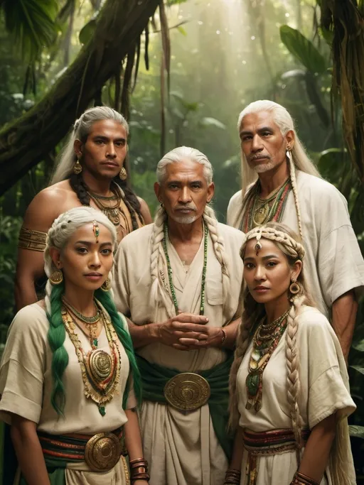 Prompt: Group of mystical elders, wrinkled skin, long white braided hair, mayan inspied, foreehead jewelry wearing ethnic embroidered beige and green clothes, golden skin, ancient attire, lush jungle setting, detailed features, atmospheric lighting, highres, warm tones, jungle background, professional, cultural, detailed faces, vibrant colors