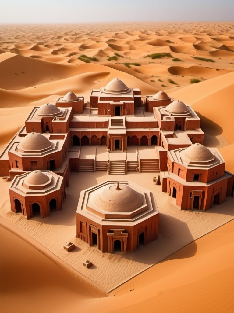 Prompt: large hexagonal stepped village in the sand dunes,  many levels with houses and temples, lush gardens, mesopotamian architecture, crystal obelysks, carved red and orange walls, tile walls and floors, bronze and gold elements, warm tones, cinematic