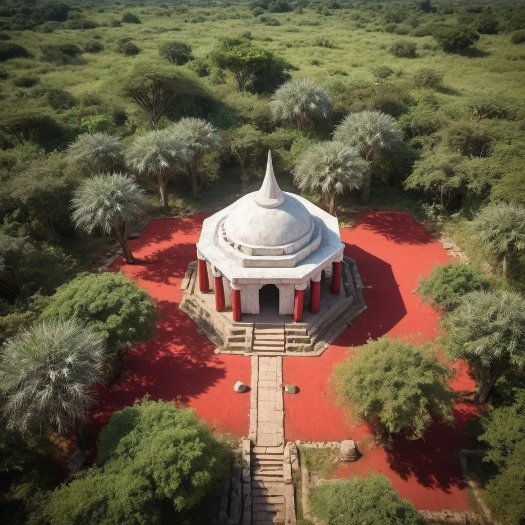 Prompt: fantasy savannah, from afar, from above, ancient Sudano-Sahelian  village,  open air temple, large explanada, exotic vegetation, green, red and white walls and fabrics