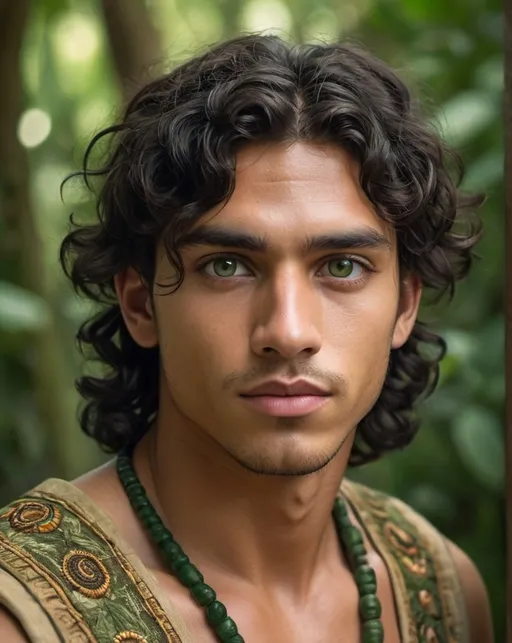 Prompt: Cinematic portrait of an beautiful young man, jade green eyes, curly black hair, wearing an ethnic embroidered beige and green, golden tanned skin, jungle background, 4:5 ratio, highres, detailed features, lush jungle setting, ancient mayan attire, hero gaze, warm tones, atmospheric lighting