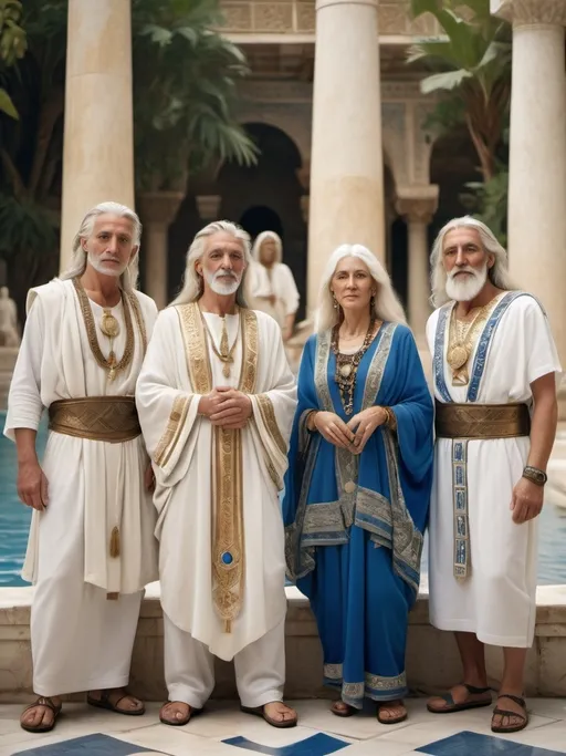 Prompt: Group of elders, long blonde, white  and gray hair, phoenician and greek inspied, wearing ethnic embroidered white and blue clothes, golden details, white and bronze skin, ancient attire, white marble background, fountains and water in the background, detailed features, atmospheric lighting, highres, warm tones, jungle background, professional, cultural, detailed faces, vibrant colors