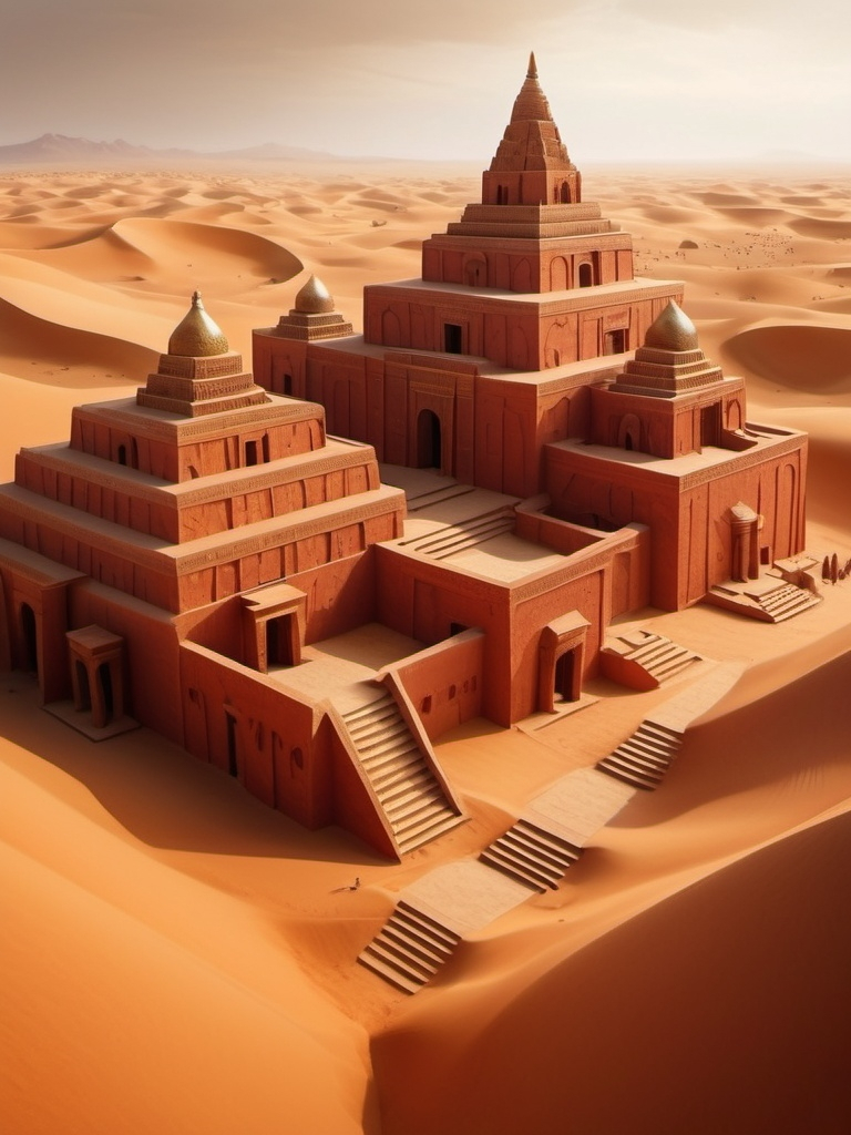 Prompt: mesopotamian village, sand dunes, ziggurat temples, crystal obelysks, carved red and orange walls, tile walls and floors, bronze and gold elements, warm tones, cinematic