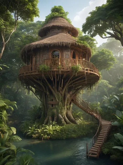 Prompt: Fantasy round tree house in lush Mayan jungle, organic design, traditional craftsmanship, detailed foliage, ethnic materials, warm tones, cinematic, vibrant atmosphere, highres, mayan architecture, rustic aesthetics, lush greenery, traditional craftsmanship, riverfront, detailed woodwork, natural materials, immersive, lush environment, exotic, authentic