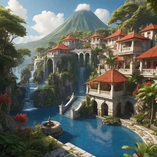 Prompt: Fantasy village in lush island with volcano, small houses, ancient architecture in white stone and white marble, gold details, blue and red walls, blue and red tiles, fountains and water, warm tones, cinematic, vibrant atmosphere, highres, ancient aesthetics, lush greenery, detailed stonework and tilework, lush environment, exotic, authentic