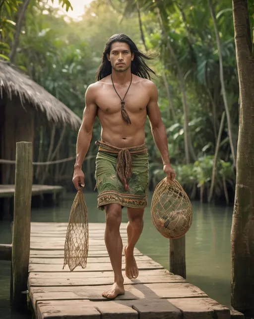 Prompt: Fisherman  man bare chest, long black hair, green eyes, walking on a small rustic wodden dock, mayan inspired, wearing ethnic embroidered beige and green short skirt, copper skin, ancient attire, carrying a net, lush jungle mangrove setting, detailed features, atmospheric lighting, highres, warm tones, jungle background