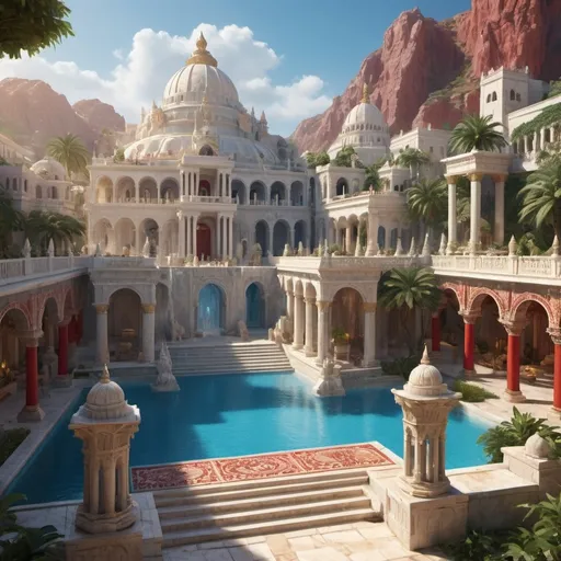 Prompt: Fantasy city from afar, many houses and temples phoenician architecture in white stone and white marble, gold details, blue and red walls, blue and red tiles, fountains and water, giant quartz for light and technology, warm tones, cinematic, vibrant atmosphere, highres, ancient aesthetics, lush greenery, detailed stonework and tilework, lush environment, exotic, authentic