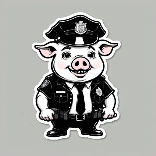 Prompt: rough hand-drawn caricature, black and white horror, skate brand merch, humanoid anthropomorphic pig police officer, high contrast, absurdly grotesque features, humorous twist, cartoon style, t-shirt design, vector illustration, rough sketch, detailed caricature, unique design, humorous horror, exaggerated features, skateboarding theme, black and white, police uniform, hand-drawn, high-quality cartoon, grotesque pig, humorous twist, police officer, t-shirt merch design