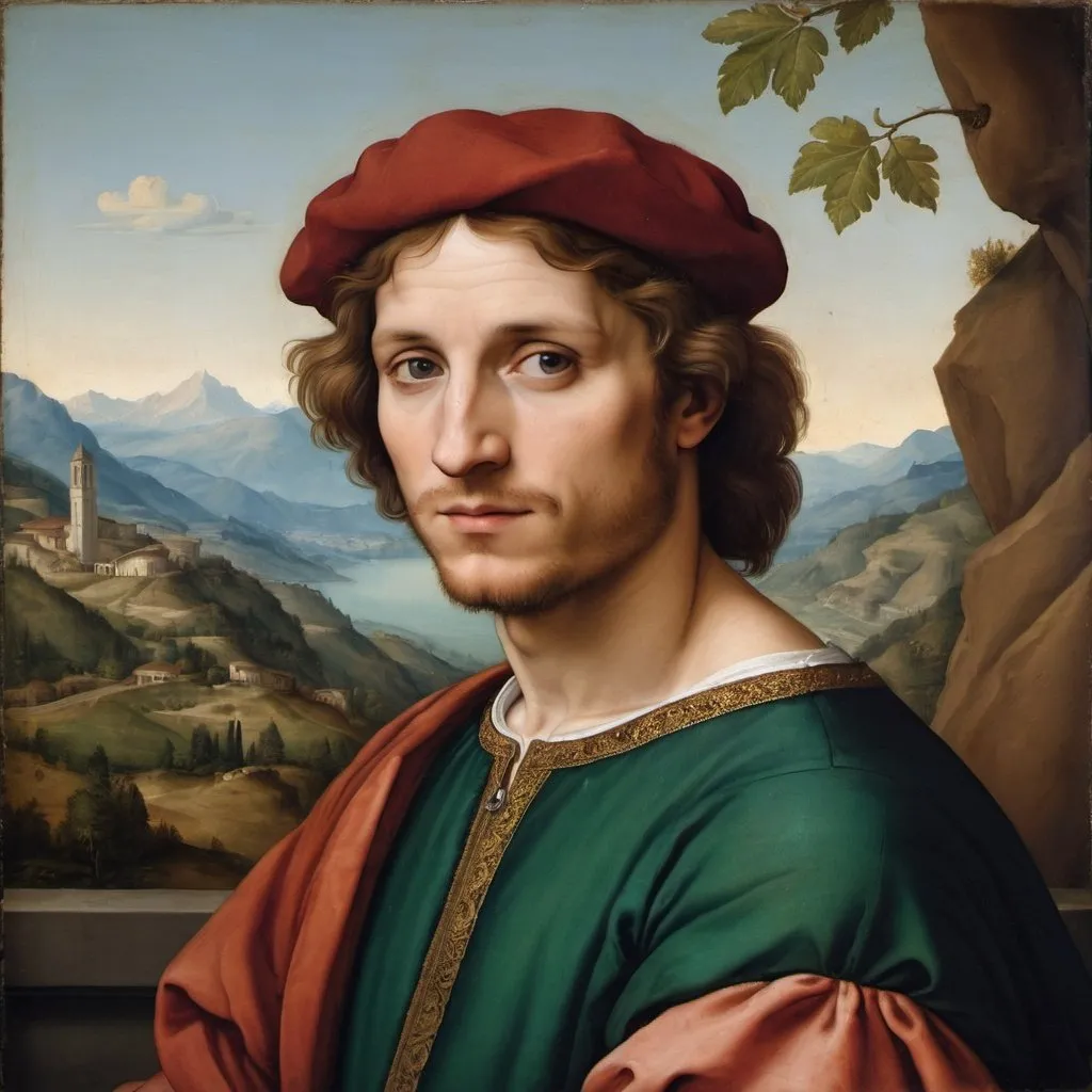 Prompt: A painted portrait of a man in the style of Italian Renaissance painter Raphael with mountains in the background.