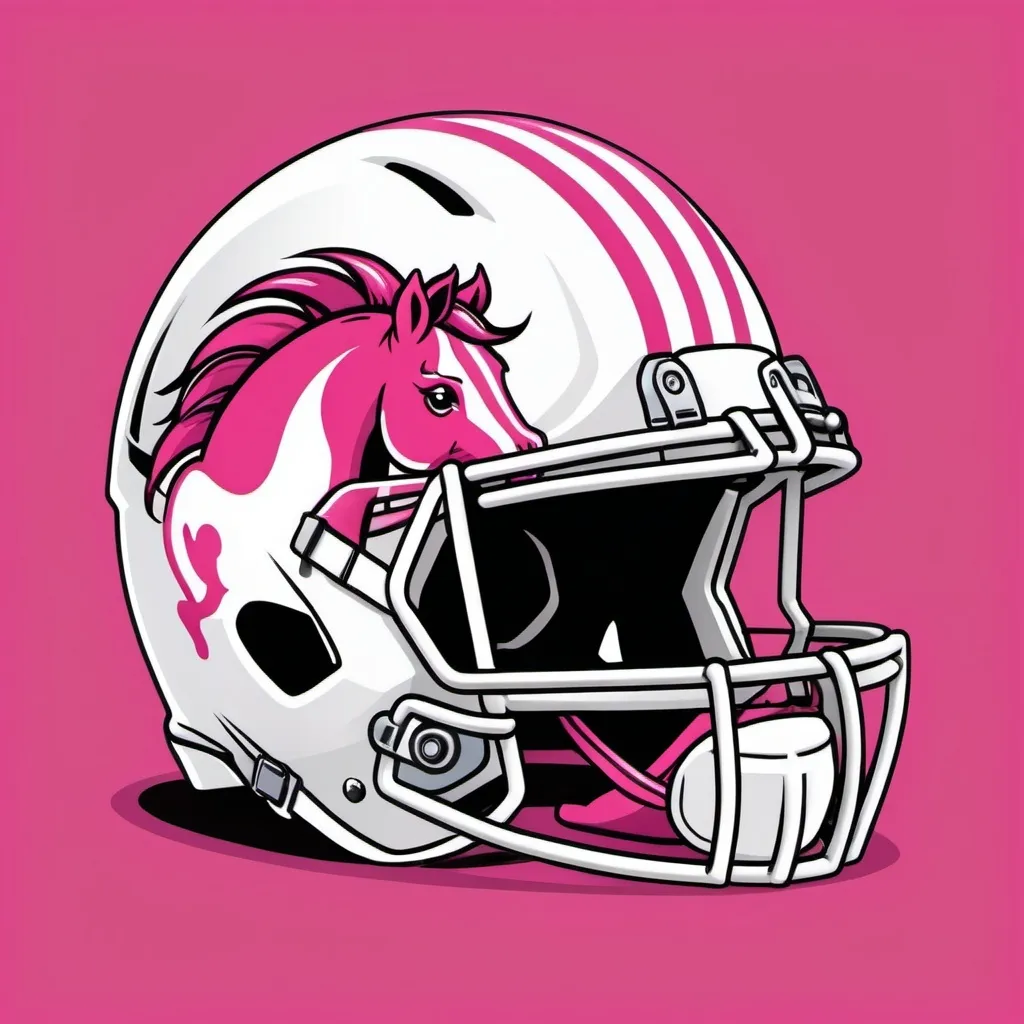 Prompt: A cartoon style football helmet that is hot pink and white with a pony as the logo